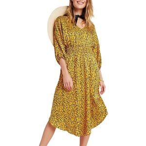 Anthropologie Marigold Yellow Satin Sheen Floral Print Asymmetrical Midi Dress